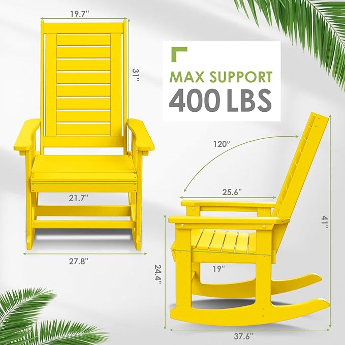 GREENVINES Outdoor Rocking Chair Set | 3-Piece | 2 Rocking Chairs with 1 Side Table | Porch Rocker | HDPE Plastic | Yellow | Patio Furniture Sets | High Back | Big & Tall | Ladder Back GreenVines
