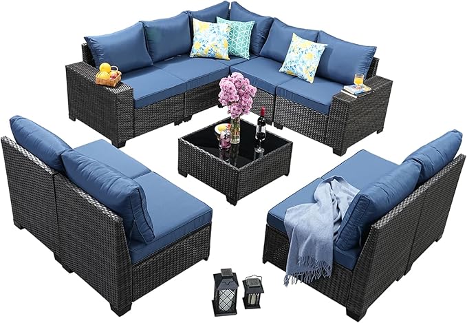 Jing's Villa 10-Piece Patio Furniture Set, All-Weather Outdoor Wicker Sectional Sofa with Cushions, Glass Table & Left and Right Armrest, Rattan Conversation Seating for Porch, Garden, Backyard,Navy JingsVillaOutdoorFurniture