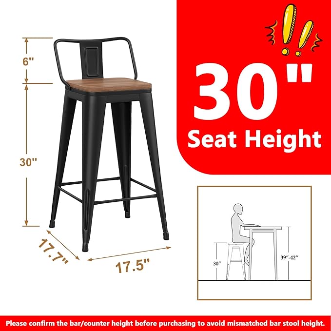 WENTMENT Bar Stools Set of 4 Counter Height Metal Barstools with Removable Back 30" Kitchen Bar Stools with Wooden Seat, Black WENTMENT