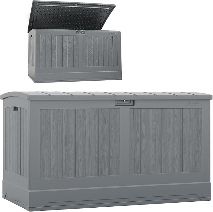Suncast 200-gal. All-Weather Patio Deck Box, Made in the USA, with Pad-Lockable Lid, Extra-Large Outdoor Storage Unit for Patio Furniture and Grill Tools, Dove Gray Color Suncast