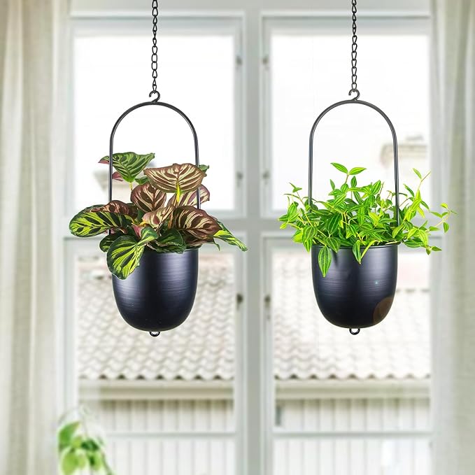 Stackable Metal Hanging Planters, Set of 2 Black Oval Plant Hangers with 6 inch Flower Pots, Modern Wall and Ceiling Plant Holders for Indoor Outdoor Plants Home Décor HemePaha