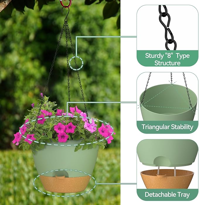 ZMTECH 12 Inch Hanging Planters for Indoor Outdoor Plants, 1 Pack Self Watering Hanging Plant Pots with Drainage Holes and Removable Saucer, Plastic Flower Hanging Pots with Watering Lip (Green) HighQualityGardeningTools