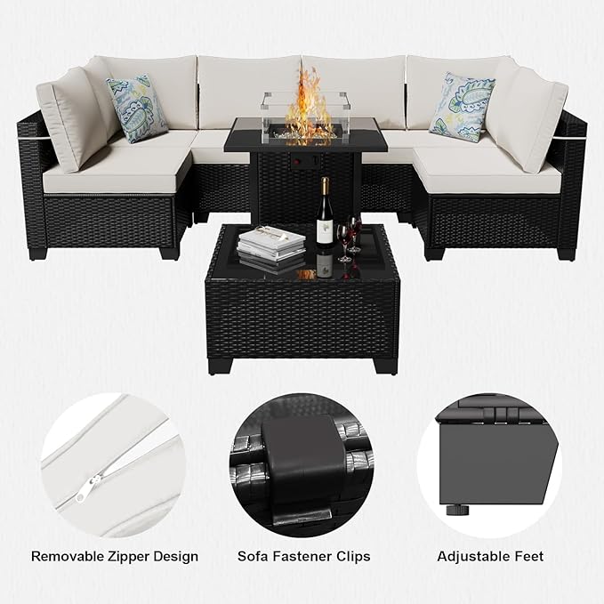 8 Pcs Patio Furniture Set with Fire Pit Table Wicker Outdoor Sectional Sofa, Conversation Set Perfect for Backyard, Garden, Deck (Deep Brown/Beige) Ophelian
