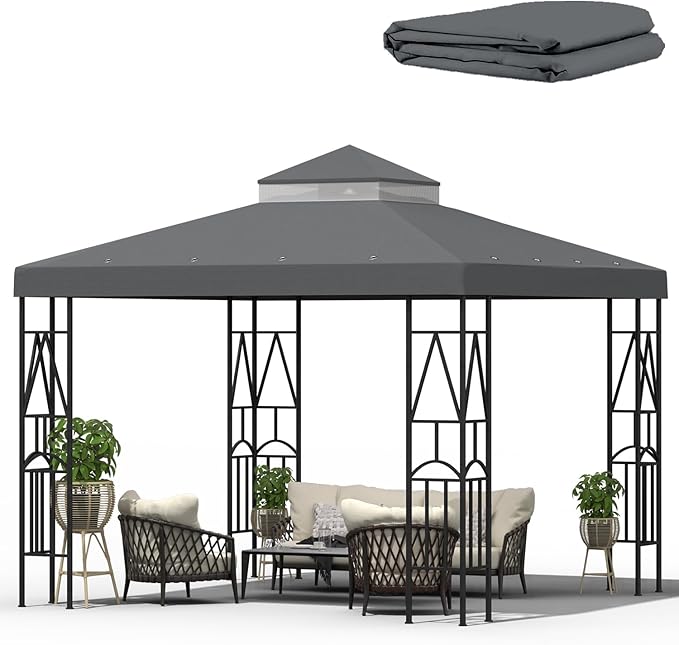 10x10 Canopy Replacement Top Double Tiered Gazebo Cover for Yard, Patio & Garden Durable Sunshade Replacement (Gray) Rootora