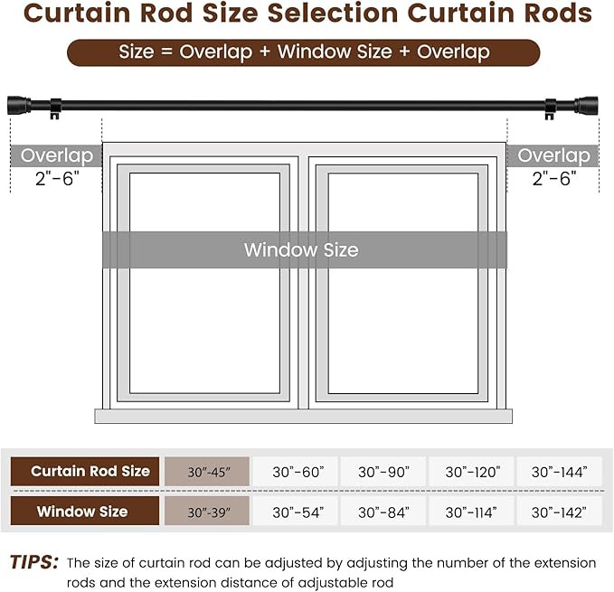 1” Diameter Curtain Rods Itself is 30 to 45 inch 1 Pack Fit 30-39 inch Window with Heavy Duty Adjustable Rod Matte Black Splicing Metal Extra Long Curtain Rod for Windows Rootora