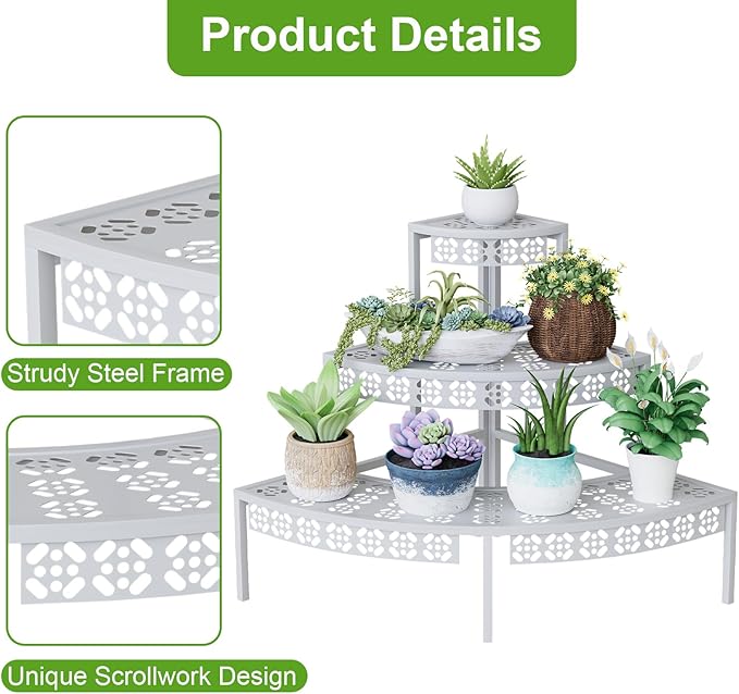 3 Tier Plant Stand Semi-Circular Flower Pot Organizer Rack Quarter Round Plant Display Holder Outdoor Storage Shelves Metal Corner Shelf Planter Shelving Ladder Plant Stand for Indoor Use(White) Garden4you