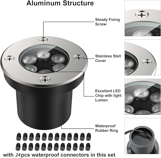 JESLED Outdoor Landscape Lights, 6W LED In Ground Well Lights, 12V 24V 3000K Warm White, IP67 Waterproof Low Voltage Landscaping Spotlight for Driveway Deck Step Yard Fence Garden Pathway (12 Pack) JESLED