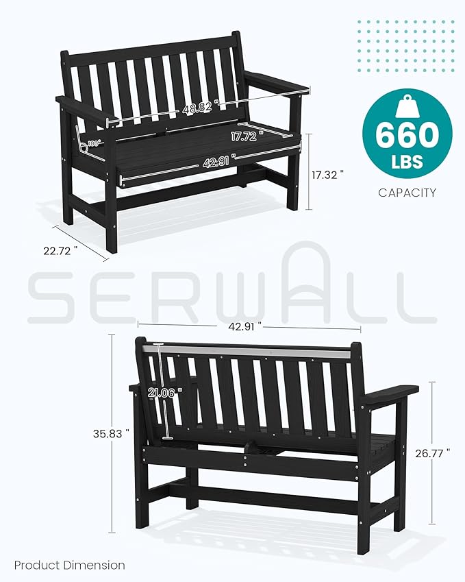 SERWALL Outdoor Bench, HDPE Outdoor Benches Weatherproof, 2-Person Garden Bench with 660 lbs Weight Capacity, Patio Benches for Outdoors, Garden, Porch, Backyard and Park, Black, 4 Pack SERWALL