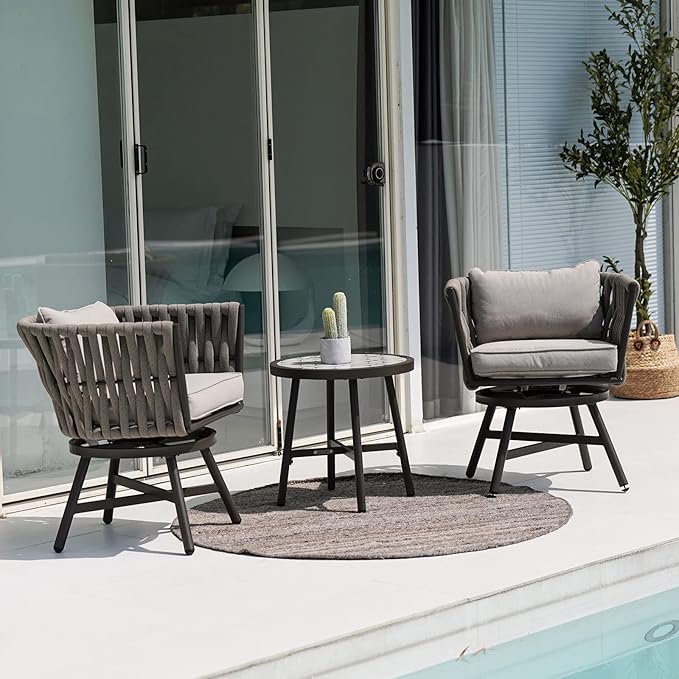 Grand patio Dining Chair Set of 3, Swivel Rope Armchairs with Cushions and Round Side Table with Tile Tabletop, Wicker, Indoor Outdoor Modern Style, Backyard, Balcony, Light Gray Brown GrandPatio