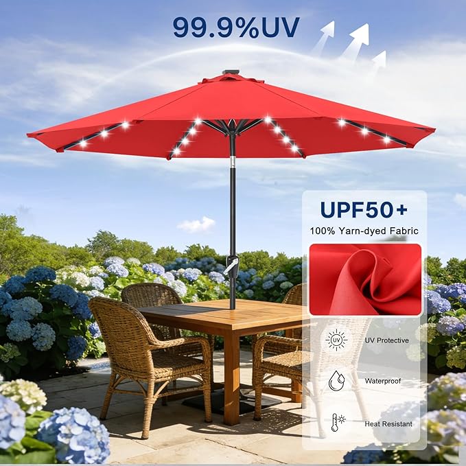 ABCCANOPY Durable Solar Led Patio Umbrellas with 32LED Lights 11FT（Red） ABCCANOPY