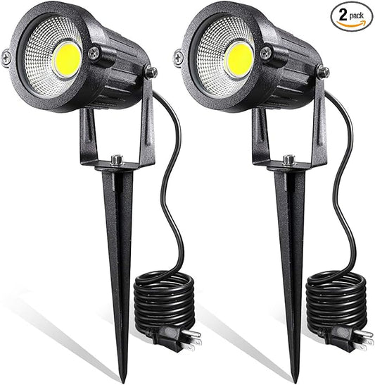 LED Landscape Lights,5W 120V AC Outdoor Pathway Garden Yard Spotlight,IP65 Waterproof Garden Flood Light,Outdoor Spotlight with Stake,UL Cord 5-ft with Plug (Pack of 2, Daylight White) LEACOCO