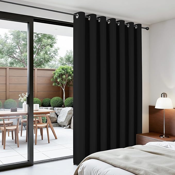 Joydeco Blackout Patio Sliding Door Curtains 84 Inches Long, Grommet Privacy Room Divider Curtains, Extra Wide Thermal Blackout Drapes for Bedroom Living Room (Black, 100Wx84L, 1 Panel) JOYDECO