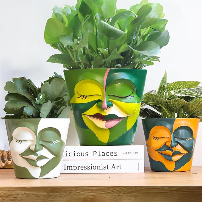 GUGUGO 8 Inch Planter Abstract Rainbow Face Pots for Plants, Unique Head Planters Pots with Drainage, Cute Eclectic Flower Pot for Garden, Colorful Funny Room Decor (Mainly Green) GUGUGOHOMEDECOR