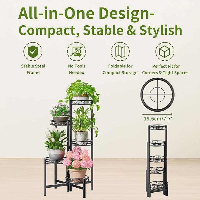 Metal Plant Stand Indoor Outdoor, 5 Tier 5 Potted Multiple Plant Shelf Stands, Wrought Iron Flower Holder Shelf, Folding Tall Rack Shelf for Patio, Balcony, Corner Living Room - BlackCircle Rootora
