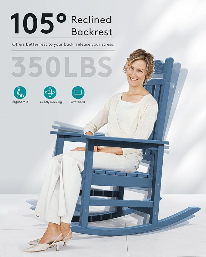 SERWALL Oversized Rocking Chair Outdoor, HDPE Outdoor Rocking Chair, Blue SERWALL