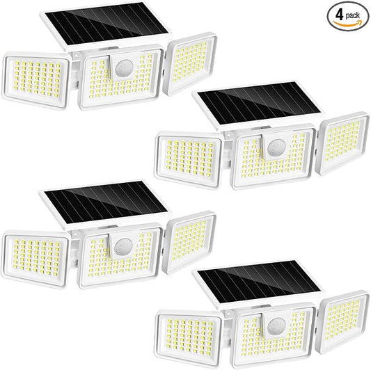 INCX Solar Lights Outdoor with Motion Sensor, 3 Heads Security Lights Solar Powered, 156 LED Flood Light Motion Detected Spotlight for Garage Yard Entryways Patio, IP65 Waterproof, White, 4 Pack INCX
