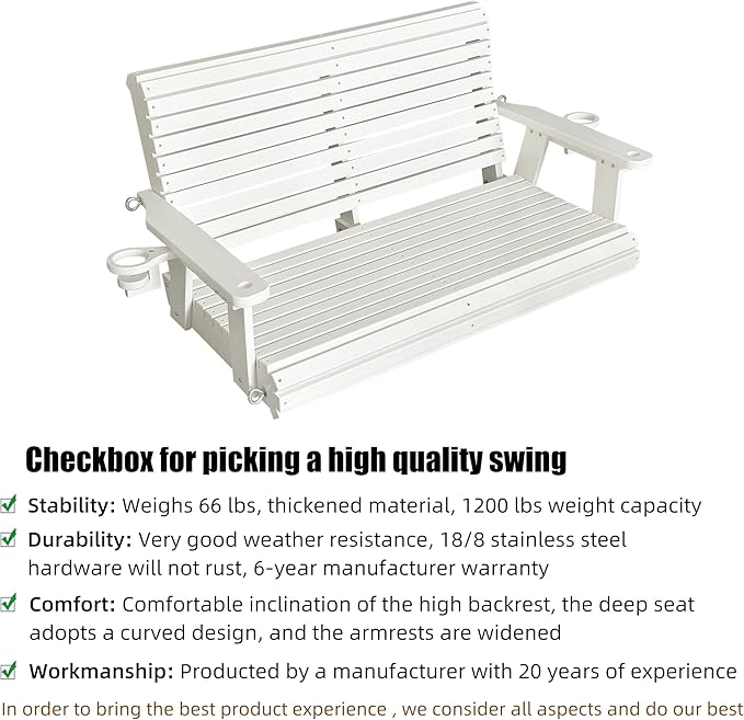 HDPE Porch Swing with 18/8 Stainless Steel Bolts, Ergonomic Design, Ultra Weather-Resistant, Heavy Duty 1200 LBS, for Outdoor Patio Garden Yard (Vanilla White) FortuneCandy