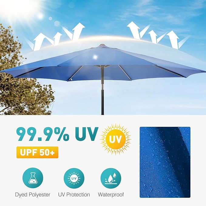 OLIXIS 9ft Patio Umbrella with Tilt and Crank Button & 8 Sturdy Ribs Waterproof, Patio Table Umbrella Perfect for Poolside, Terrace, Beach and Outdoor Restaurant, Blue OLIXIS