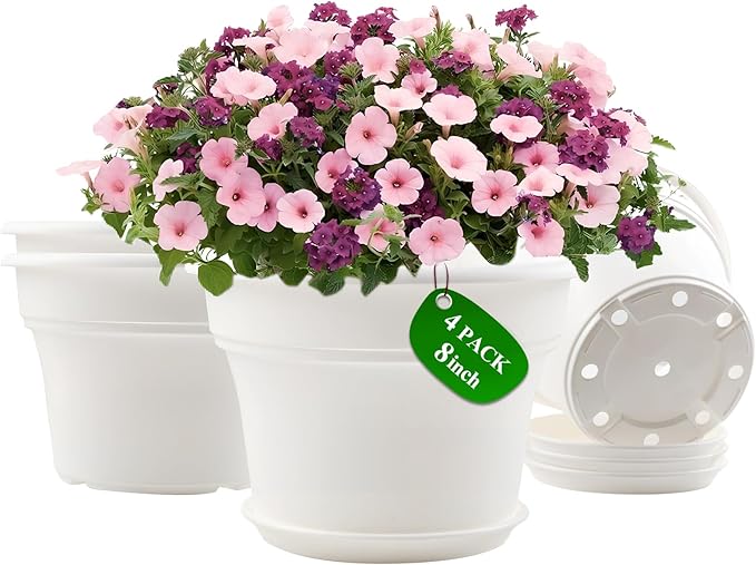 8 Inch Plastic-Flower Pot-for-Indoor Plants, 4 Pack Large Outdoor Planter Pot with Drainage Holes & Saucers, Resin Decorative Garden Pots Planters Pottiffe