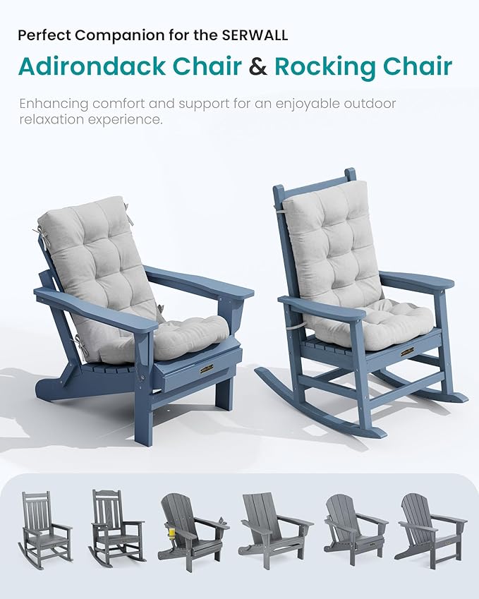 SERWALL HDPE Outdoor Rocking Chair Cushion Set of 2, Memory Foam Cushion Gray SERWALL
