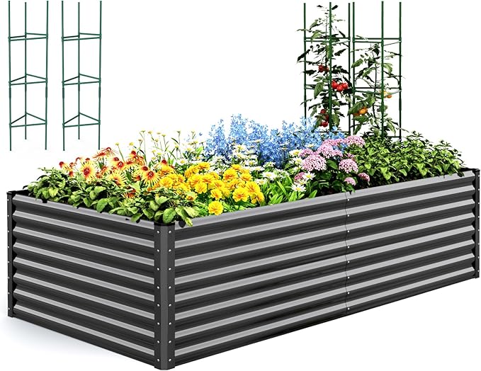 Quictent Galvanized Raised Garden Bed 8x4x2 Ft Tall Metal Planter Box for Vegetables Bottomless for Backyard, 2 Tomato Cages Included, 22.04" Deep, Dark Grey QUICTENT