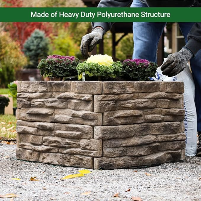 Raised Garden Bed Outdoor Tan/Brown Ledgestones Composite Polyurethane Natural Look Stone Garden Planter Box (4-Pack) Landecor