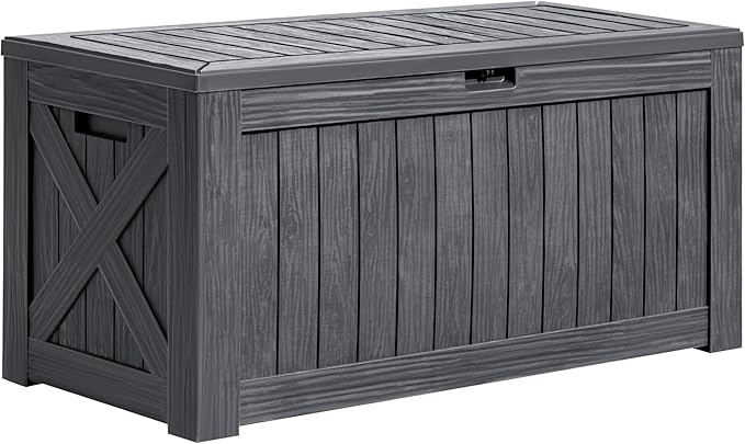 Greesum 120 Gallon Deck Box, Resin Outdoor Storage Container for Patio Furniture, Garden Tools, Pool Accessories, Weatherproof, Lockable, Gray BuynowfromGreesum