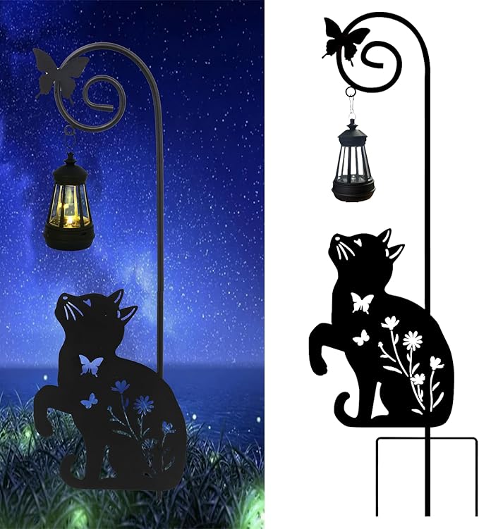 Solar Cat Lantern Garden Stakes - Outdoor Decorative Solar Lights for Yard, Patio, Pathway - Weatherproof Metal Cat Stake with Auto Night Lighting Rootora