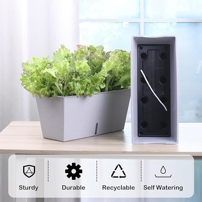 Window Box Planter 6 Pcs, 16.5 Inches Self Watering Rectangle Flower Plant Pots with Drainage Holes Trays, Vegetable Planters for Windowsill Patio Garden Balcony Porch Yard (Grey) Oliz