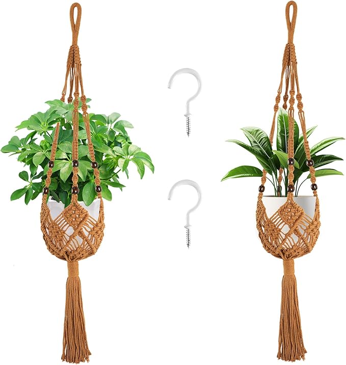 Augshy Jute Crochet Macrame Plant Hangers with Hooks, 2 Pack 35 Inch Natural Cotton Boho Indoor Outdoor Brown Planter Hanging Holder for Ceiling Balcony Porch Home Decor Augshy
