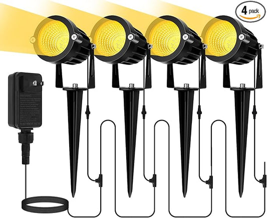 Low Voltage Landscape Lighting Kit: 4-IN-1 LED Low Voltage Landscape Lights with Plug-in Transformer | 6W 24V 2700K Warm White Outdoor Spot Lights, IP65 Waterproof Spotlight for Yard House Garden Tree Elenora