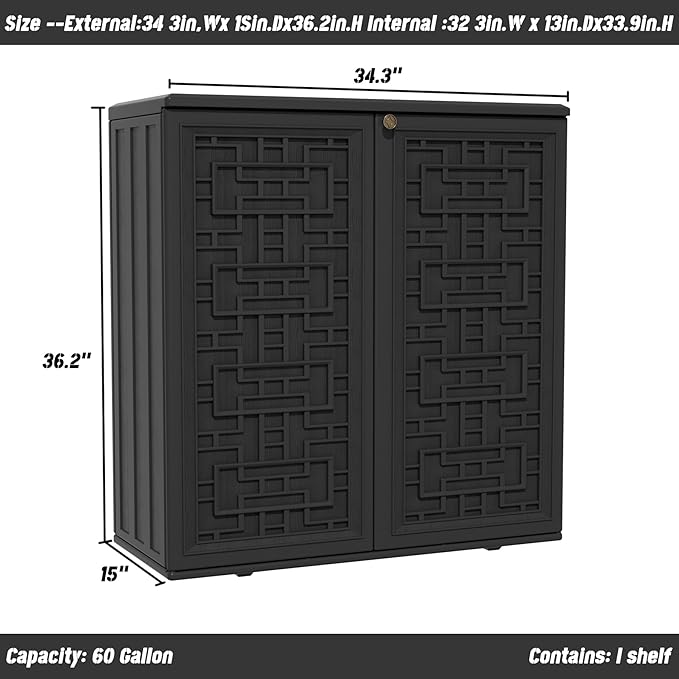Outdoor Storage Cabinet Waterproof with Shelf,Resin Storage Sheds Outdoor Cabinets for tub Towels/Chemicals/Grill Items/Patio/Garden/Backyard, Size 34.3''L*15''W*36.2''H（Black） Mrosaa