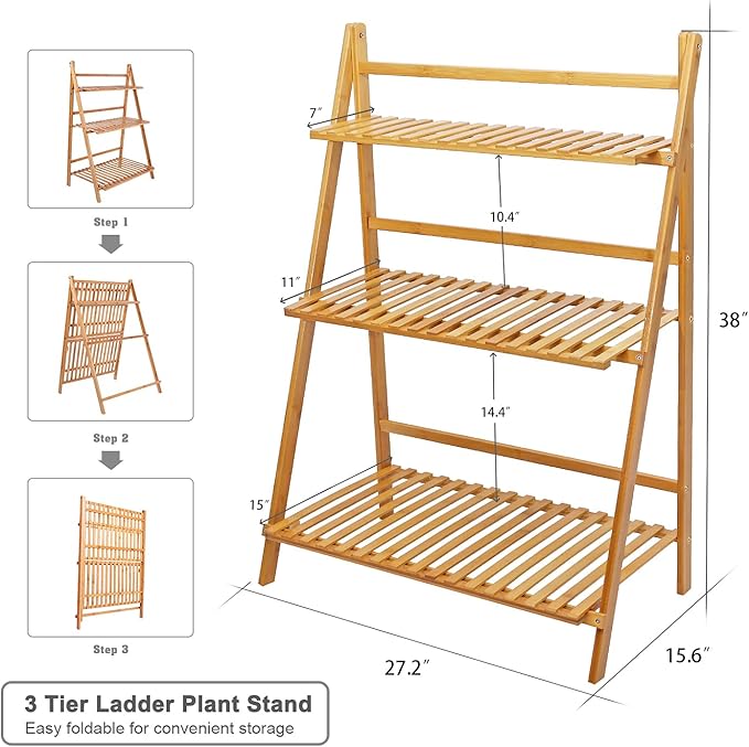 Ufine Bamboo Ladder Plant Stand 3 Tier Foldable Flower Pot Display Shelf Rack for Indoor Outdoor Home Patio Lawn Garden Balcony Organizer Planter Holder Ufine