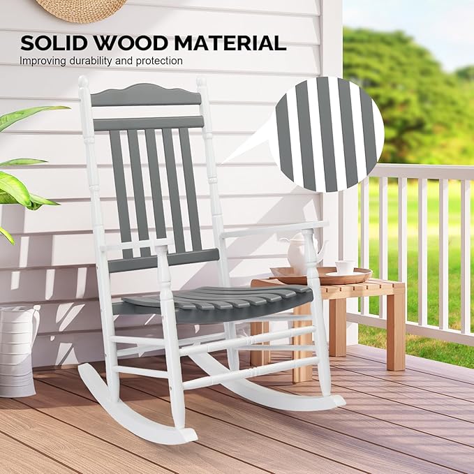 VINGLI Wooden Rocking Chair, Outdoor Chair with 450 lbs Support, Relaxing Rocker with Solid Wood High Back Seat Reclining Seat for Deck, Garden, Backyard, Porch (White & Grey, 2PCS) VINGLI