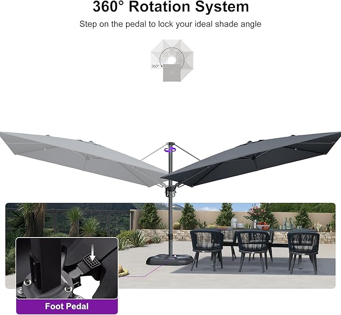 PURPLE LEAF 11' X 8' Left-right Tilting Patio Umbrella Outdoor Cantilever Swivel Rectangle Umbrella with Tilt Aluminum Offset Umbrella with 360-degree Rotation for Garden Deck Pool Patio Light Grey PURPLELEAF
