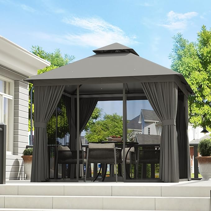 Aoxun Outdoor Gazebo for Patio 8x8, Metal Frame Canopy with Double Roofs, Heavy Duty Party Tent and Shelter with Mosquito Netting and Privacy Screen for Backyard, Lawn, Garden, Deck (Grey) Aoxun