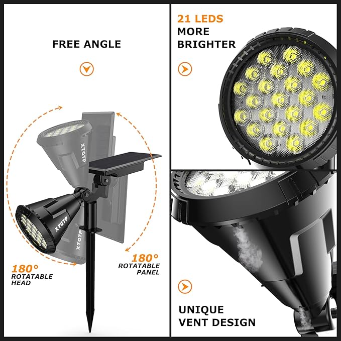 Solar Spot Lights Outdoor, 21 LEDs Brightness Solar Outdoor Lights IP67 Waterproof, 2-in-1 Adjustable Outdoor Lights Solar Powered for Yard Trees Patio Pathway Yard Flag - Cool White(6 Pack) XTGTP