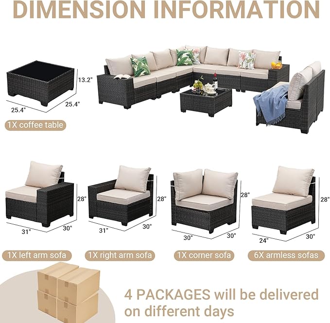 Jing's Villa 10-Piece Patio Furniture Set, All-Weather Outdoor Wicker Sectional Sofa with Cushions, Glass Table & Left and Right Armrest, Rattan Conversation Seating for Porch, Garden, Backyard,Beige JingsVillaOutdoorFurniture