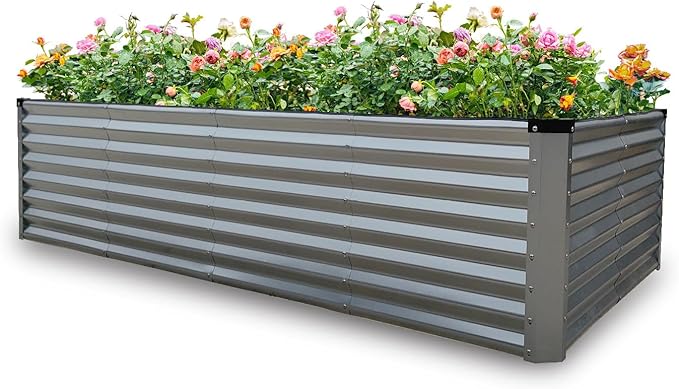 GARDMAX 8x4x2FT Galvanized Raised Garden Bed Kit, Metal Planter Boxes Outdoor with Easy Assembly, Large Garden Bed for Vegetables, Fruits, Flower, Herbs Rectangle Silver ChooseGardmaxforbetterlife