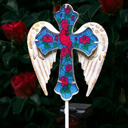 YJFWAL Cardinal Bird&Rose Cross Garden Stake Light, Solar Glass Cross for Cemetery Grave, Easter Cross Angel Wings Sympathy Memorial Gifts, Garden Lawn Yard Patio Decor YJFWAL