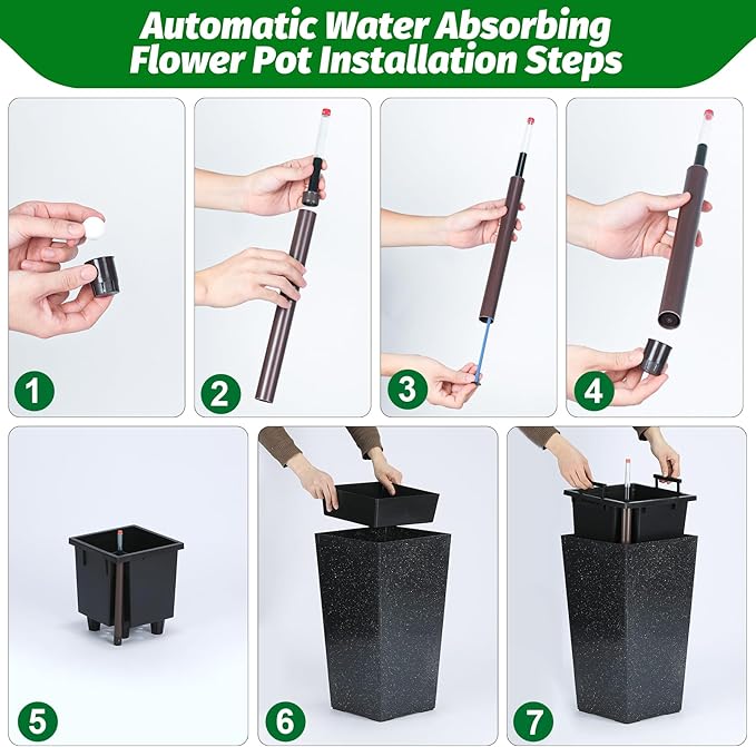GarveeLife 22.5" Tall Planters Set of 2, Outdoor&Indoor Black Planter Pots, High Front Porch Planter Pots With Drainage Holes&Water Level Monitor&Inner Bucket, Automatic Watering, Black and White Dots GarveeLife