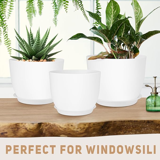 Plant Pots 12/10/9 inch Set of 3, Flower Pots with Multi Mesh Drainage Holes, Large Planters for Indoor Outdoor Garden Plants and Flowers. (White) AFamilyofGardenLovers