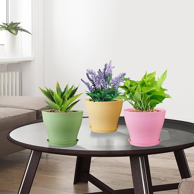 6 inch Plastic Nursery Pots, 16 Pack Plant Pots for Small Indoor Outdoor Plants, Flower Pots with Drainage Holes and Saucers, Decorative Seedling Starter Planters for House Plants, Colorful Meowell