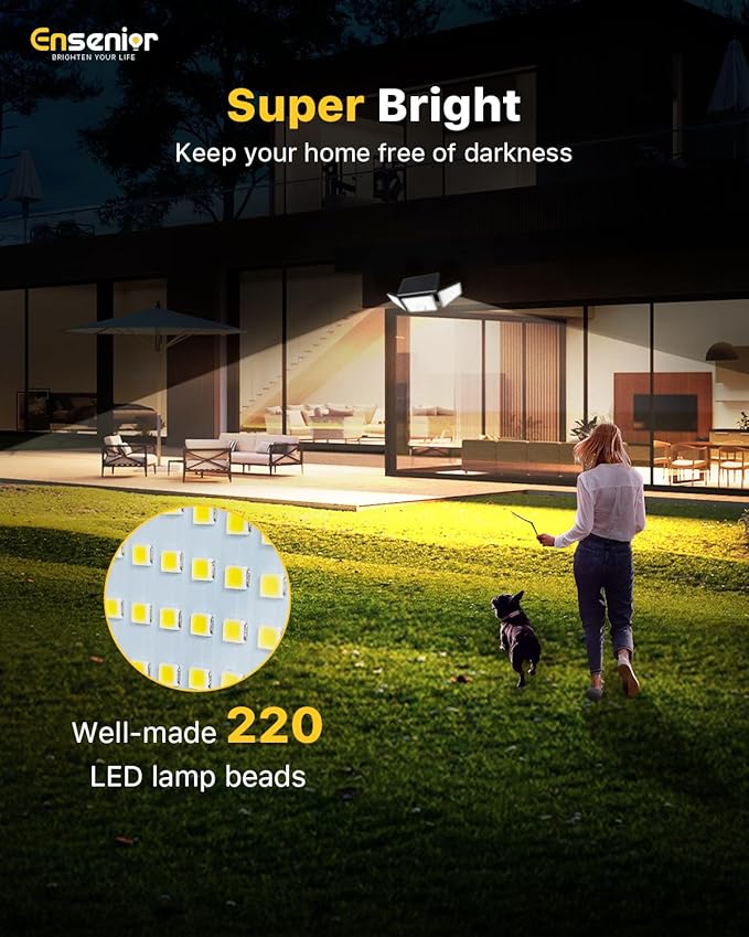 Ensenior Solar Lights Outdoor Motion Sensor, 2600LM 220 LED High Brightness, 3 Head 270° Wide Angle Flood Lights, Remote Control Security Lights 4 Modes, IP65 Waterproof Wireless Wall Light, 3 Pack Ensenior