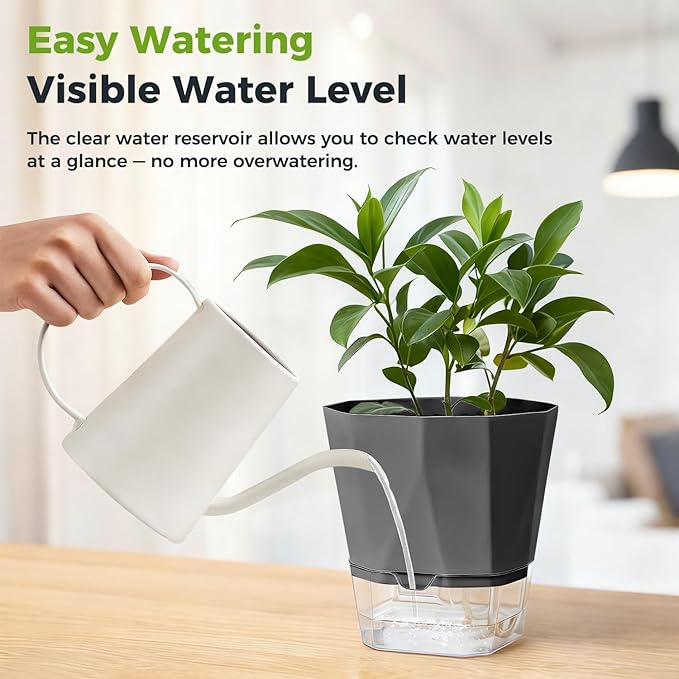 5 Pack Self Watering Pots for Indoor Plants, 5/6.7/8.4 in Self Watering Planters African Violet Self Watering Clear Pots for Plants Herb Orchid Flower Houseplant Pots, Dark Grey Planterhoma