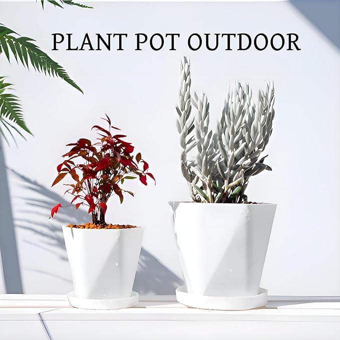 InmeRun Plant Pots Indoor Plastic Flower Pots Outdoor 7 inch Set of 12 Pack with Drainage Holes and Saucers for Garden Pots (7 in 12 White) InmeRun