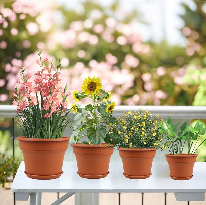 16 inch Plastic-Flower-Pot-for-Indoor-Plants, 4 Pack Large Outdoor Planter Pot with Drainage Holes & Saucers, Resin Decorative Garden Pots Planters Pottiffe