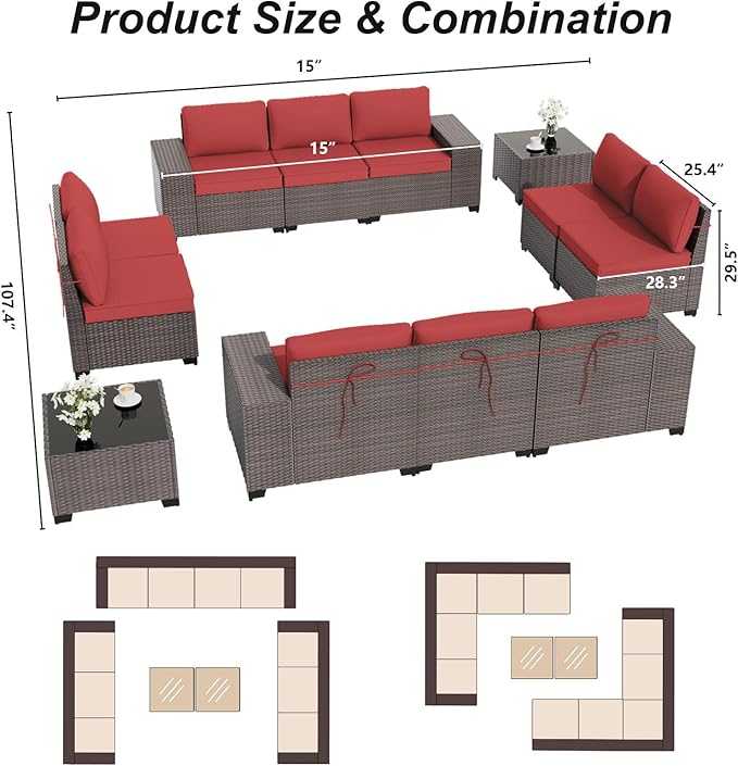 ALAULM 12 Pieces Outdoor Patio Furniture Set Sectional Sofa Sets Brown PE Rattan Patio Conversation Set w/10 Rose Red Seat Cushions and 2 Coffee Tables ALAULM