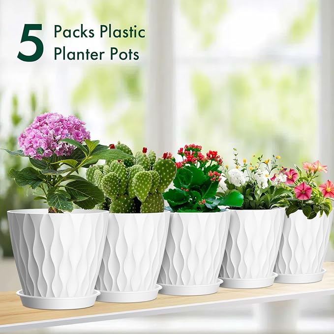 6 inch Flower Pots, 5 Pack Plant Pots for Indoor Outdoor Plants, Water Ripples Plastic Planters with Drainage Holes and Saucers, Nursery Pots for Small Succulent Garden House Plants, White Meowell