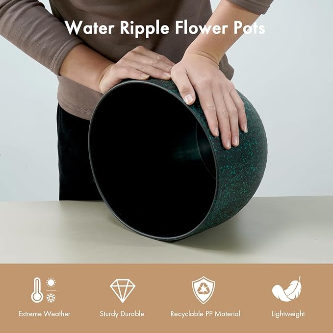 12 Inch Wide Water Ripples Flower Pots for Indoor or Outdoor Plants, Large Plant Pots with Drainage Holes & Saucer, Plastic Planters Set for Garden & Home Decor (Black with Green Speckles) WSMKSZ